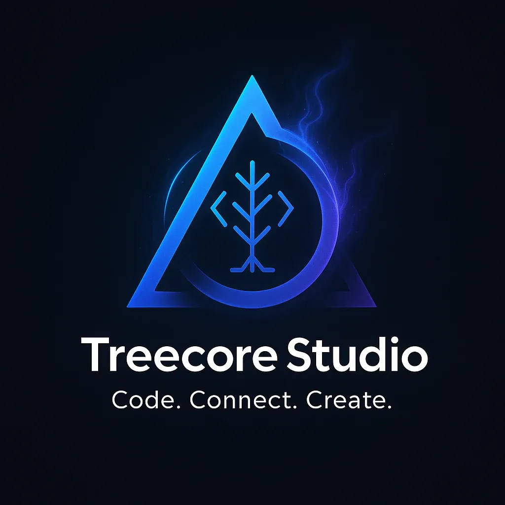 Identidad visual de Treecore Studio con el símbolo del árbol y el lema Code. Connect. Create.