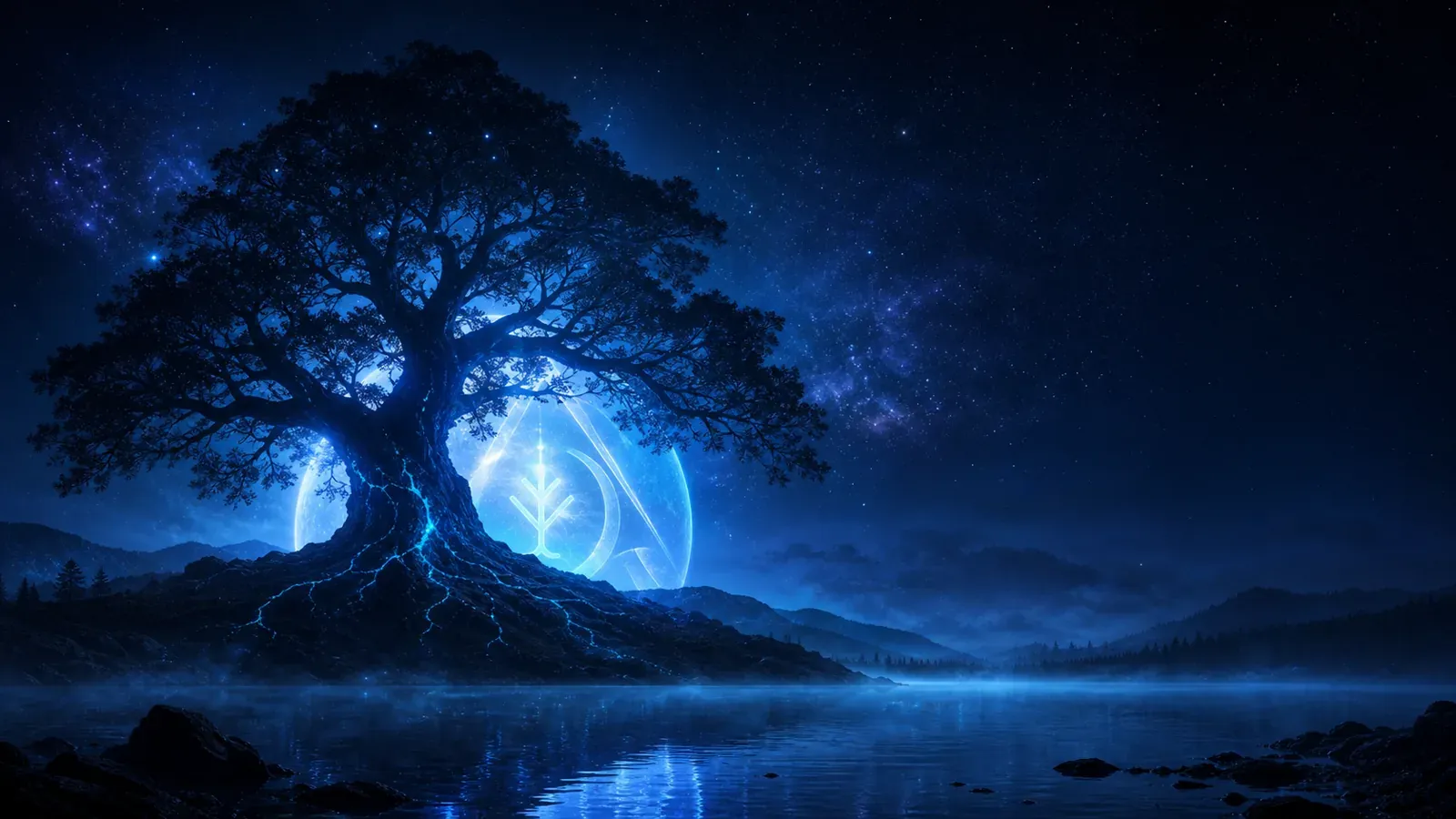 Árbol iluminado en azul sobre un paisaje nocturno con el símbolo de Treecore